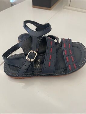Kinder Navy Leather Kids Sandals with Red Accents